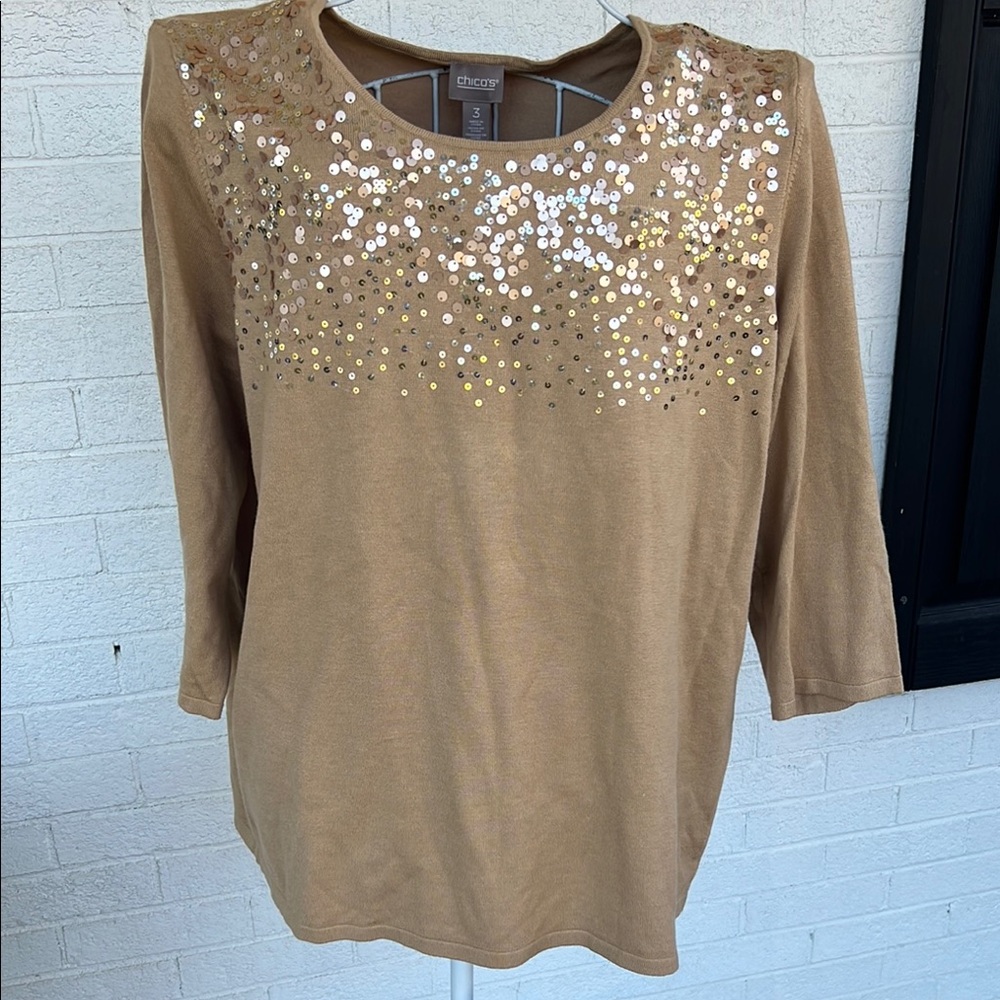 Chico's Tan and Gold Long Sleeve Tee